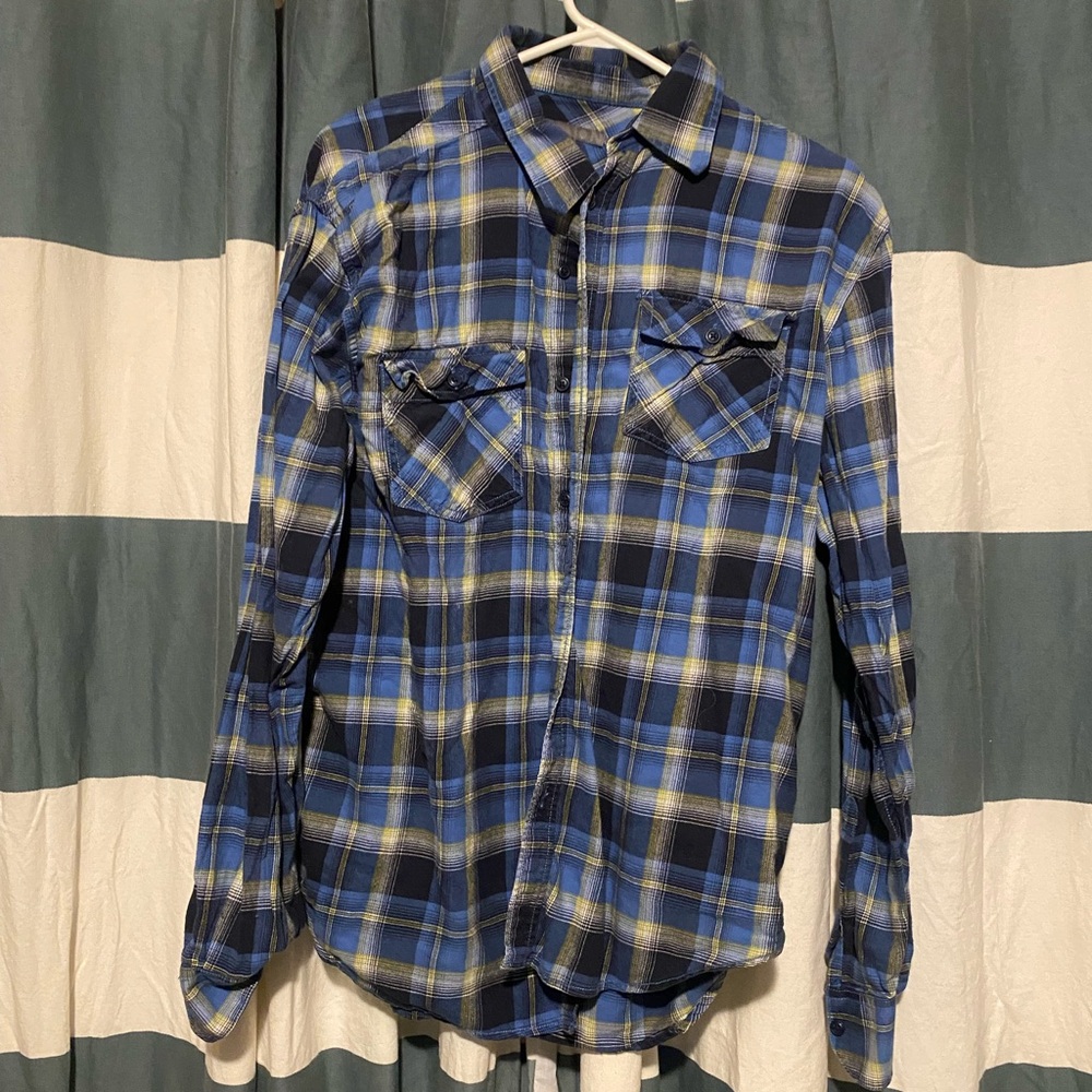 Old Navy Blue and Yellow Plaid Casual Button Down Shirt